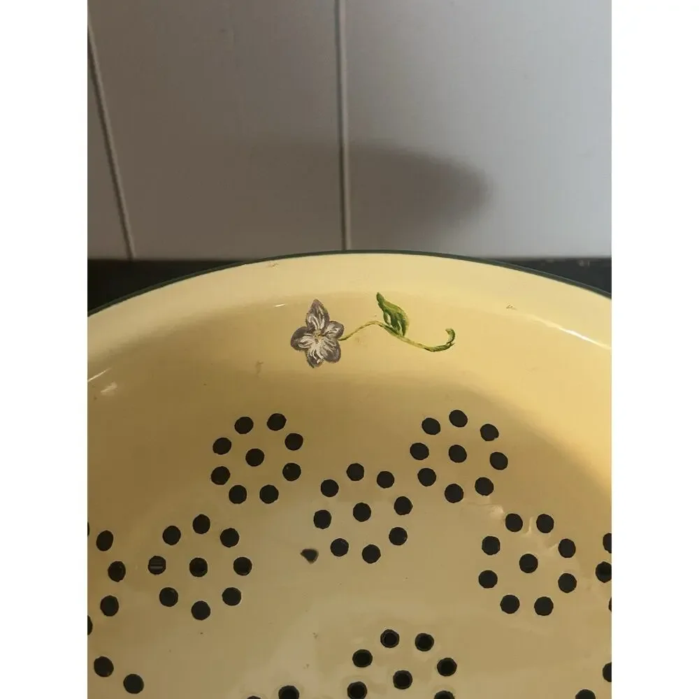 Vintage Enamelware Footed Colander Strainer Yellow Green Floral Farmhouse